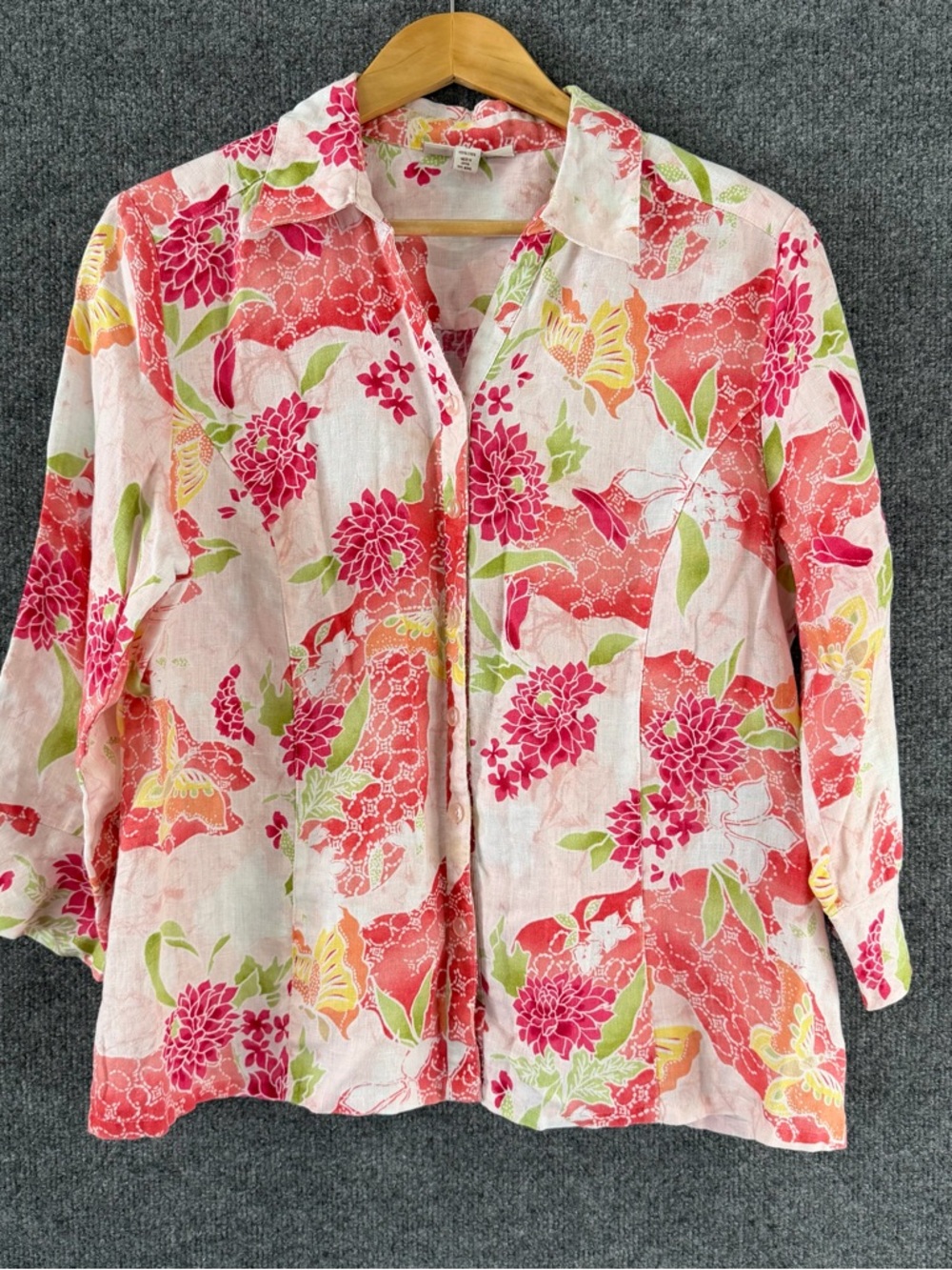JM Collection Womens Linen Floral Button Up Top Size 14 Pink 3/4 Sleeve Spring